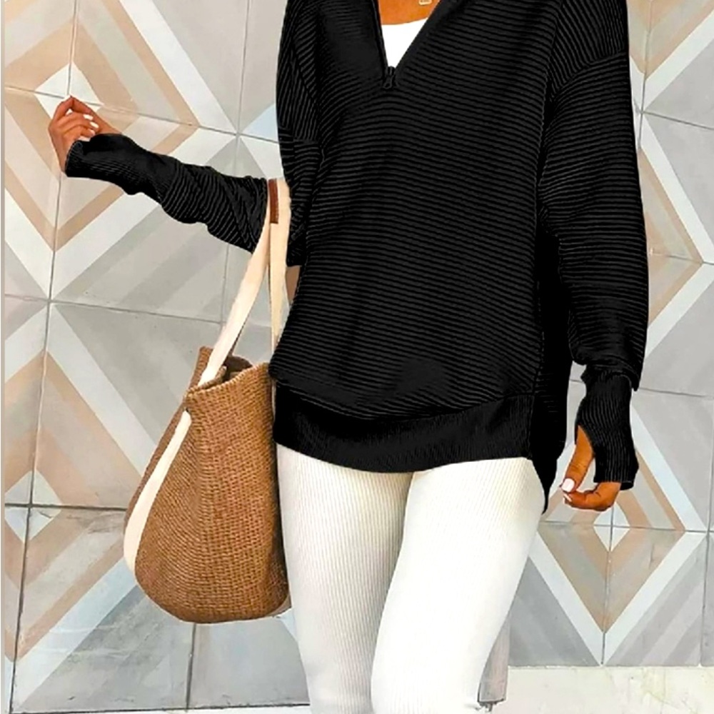 Black V-Neck Half Zip Long Sleeve Knit Top Sweater